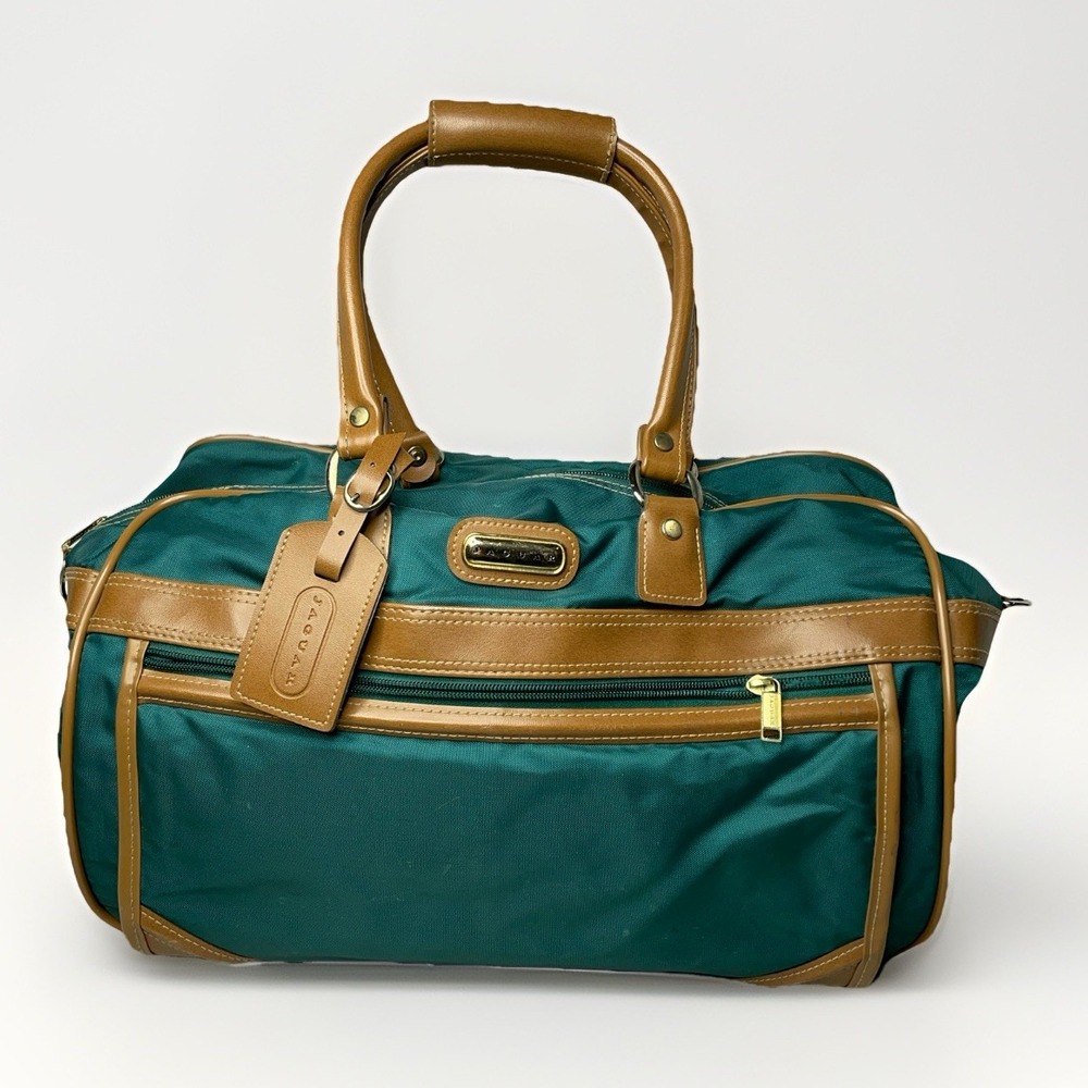 Vintage Jaguar Canvas Leather Duffle Bag Green Medium Large 90s Travel Luggage